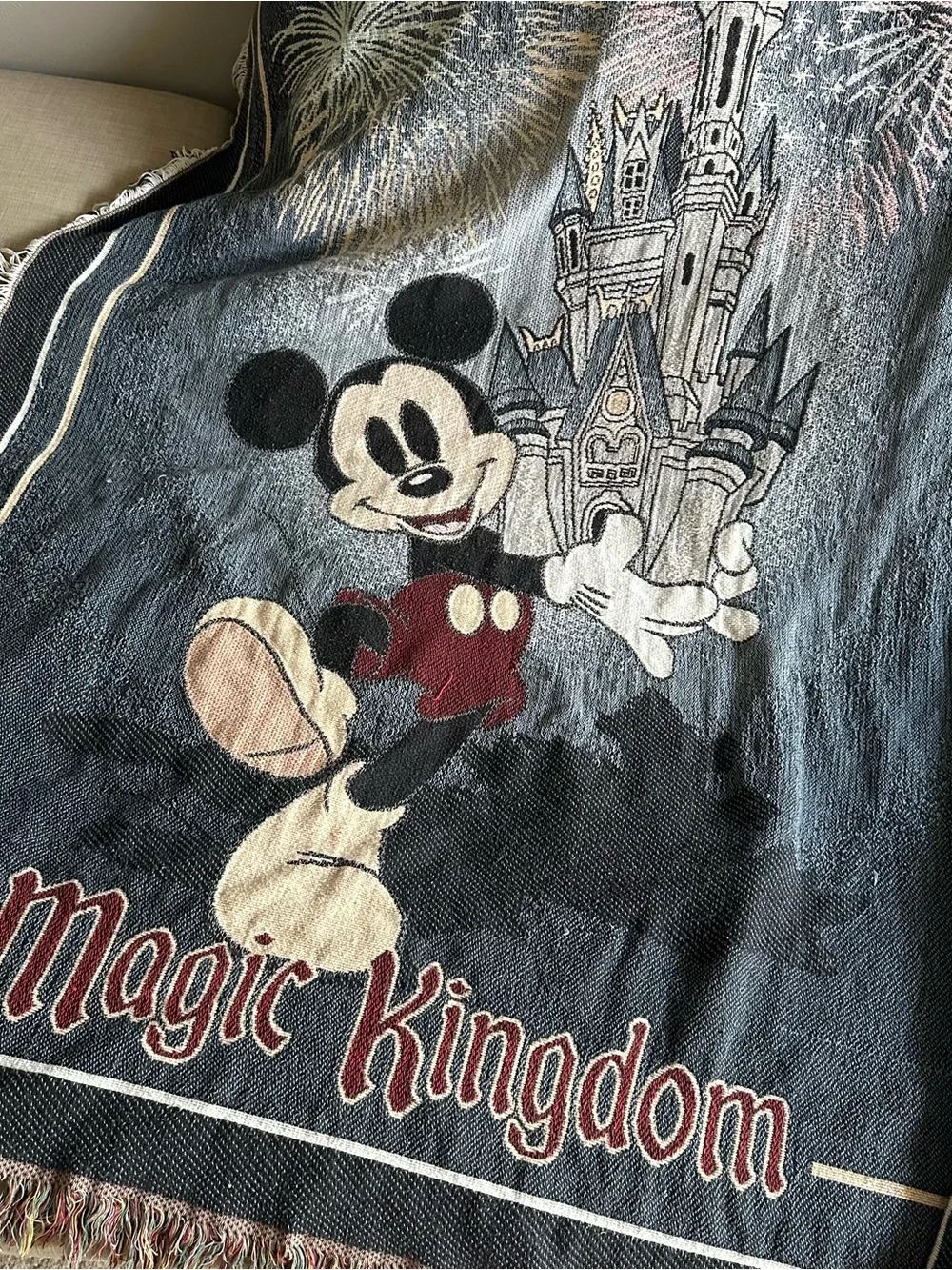 Disney Mickey Mouse Magic Kingdom Castle Fireworks Throw Fringe Blanket